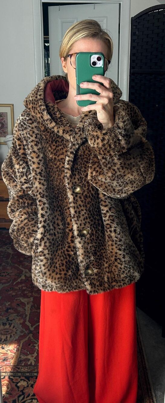 Hooded Leopard Print Faux Fur Coat Size Large | Animal Print Winter Coat